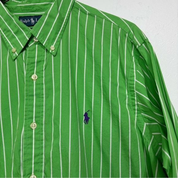 Ralph Lauren Custom Fit Men's Large Green White Stripe Purple Pony Button Up Top - Picture 2 of 7